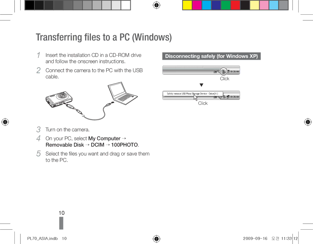 Samsung EC-PL70ZZDPSME manual Transferring files to a PC Windows, Disconnecting safely for Windows XP, Turn on the camera 