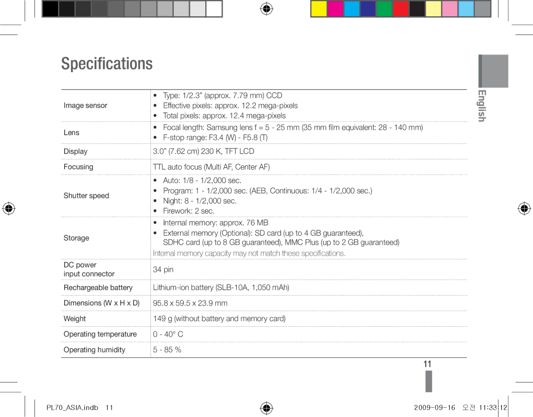 Samsung EC-PL70ZZDPBME, EC-PL70ZZBPBFR, EC-PL70ZZBPBE1 manual Specifications, Display Focusing Shutter speed Storage 