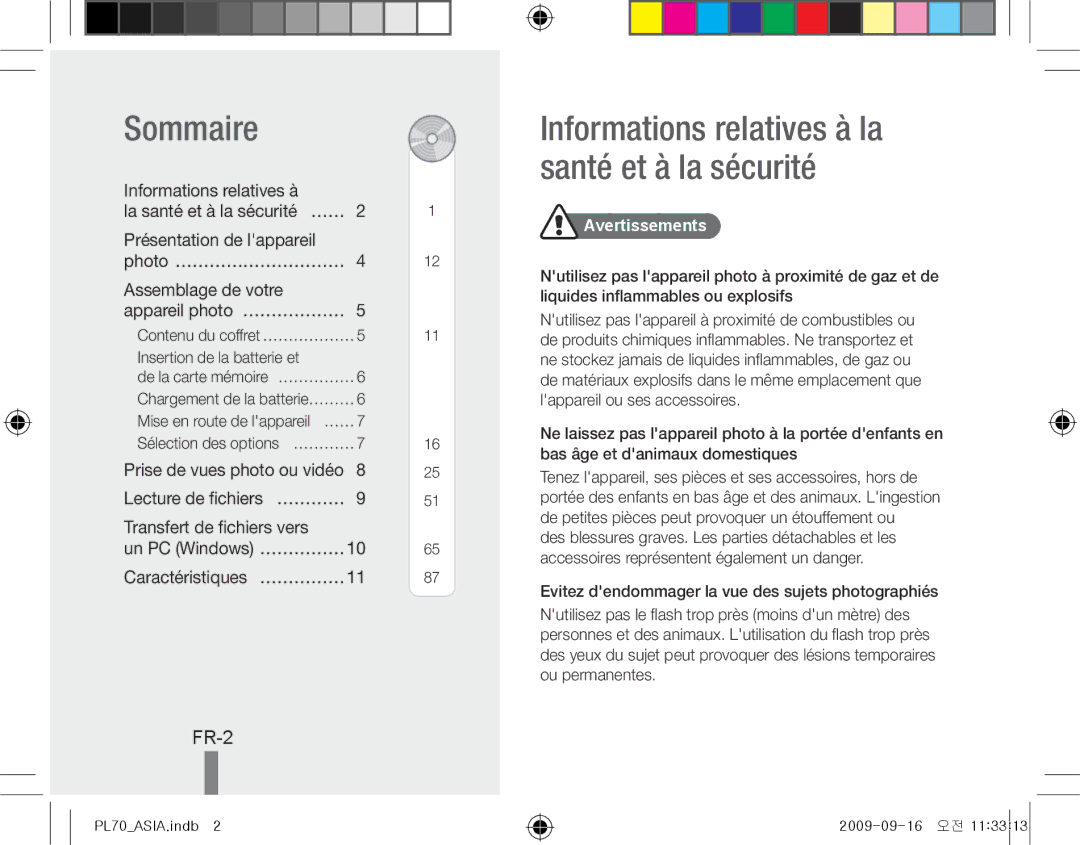 Samsung EC-PL70ZZBPSSA manual Sommaire, Informations relatives à la santé et à la sécurité, FR-2, Caractéristiques… …………… 