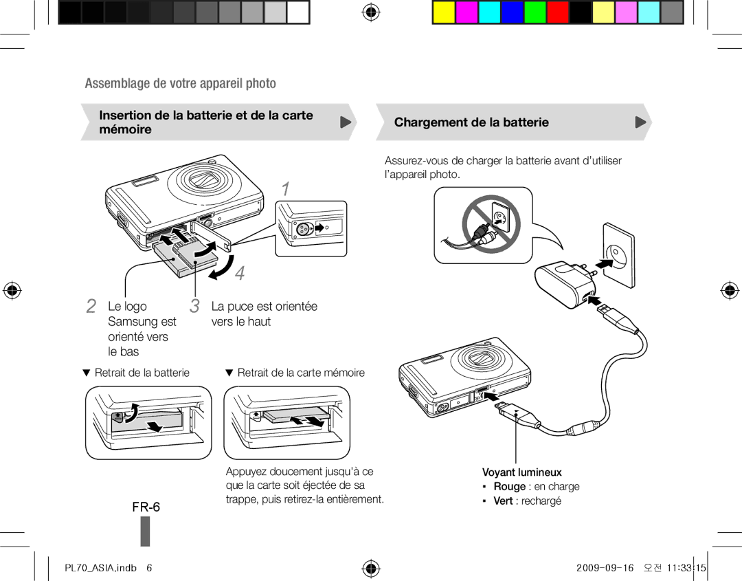 Samsung EC-PL70ZZBPRVN, EC-PL70ZZBPBFR, EC-PL70ZZBPBE1 manual FR-6, Le logo, Samsung est Vers le haut, Orienté vers le bas 