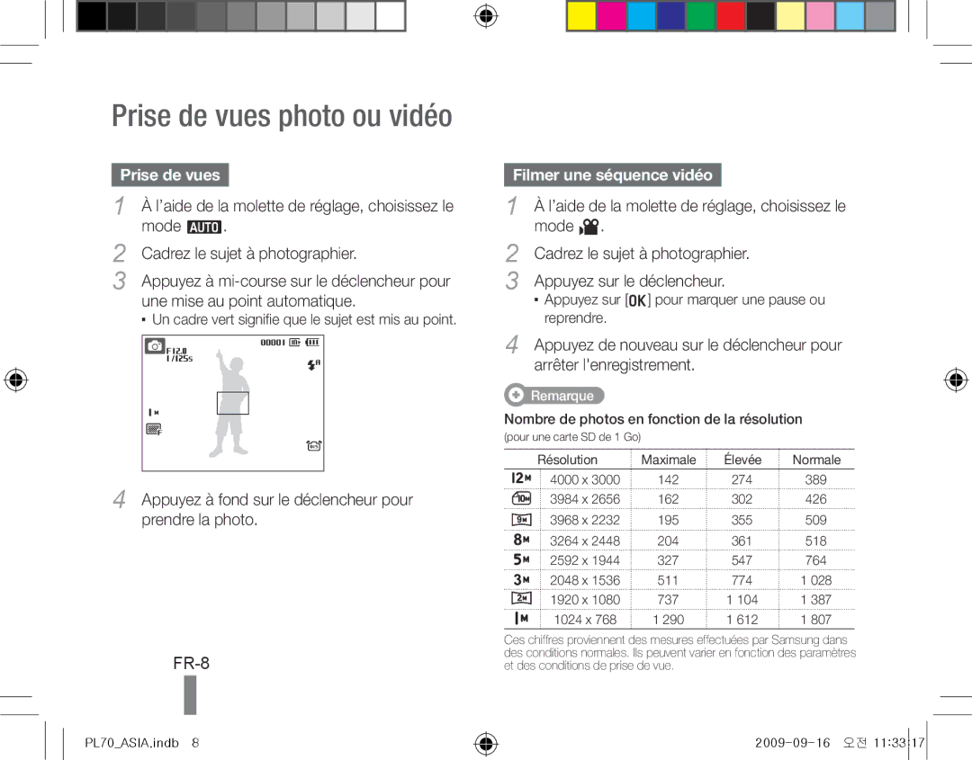 Samsung EC-PL70ZZBPBE3, EC-PL70ZZBPBFR, EC-PL70ZZBPBE1, EC-PL70ZZBPSFR manual FR-8, Prise de vues, Filmer une séquence vidéo 