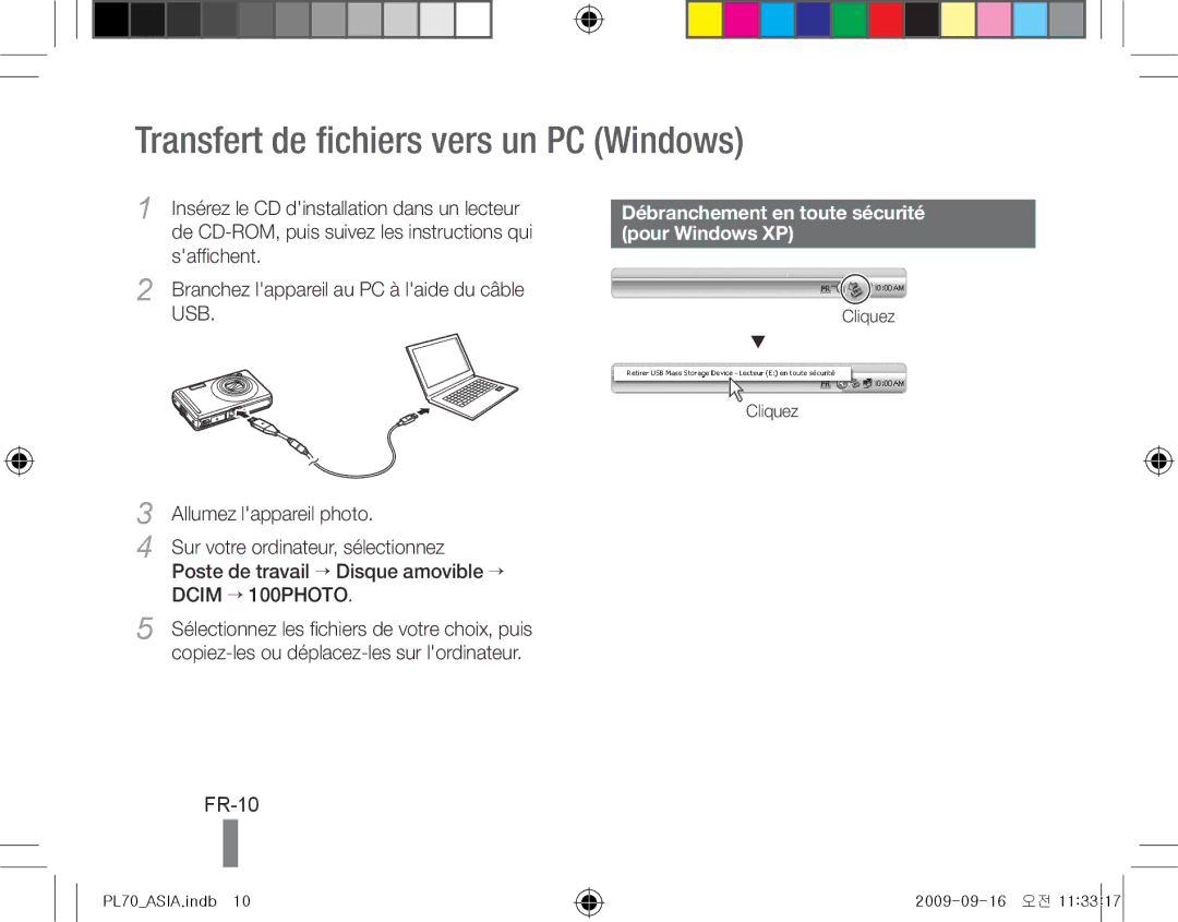 Samsung EC-PL70ZZBCPE3 Transfert de fichiers vers un PC Windows, FR-10, Débranchement en toute sécurité, Pour Windows XP 