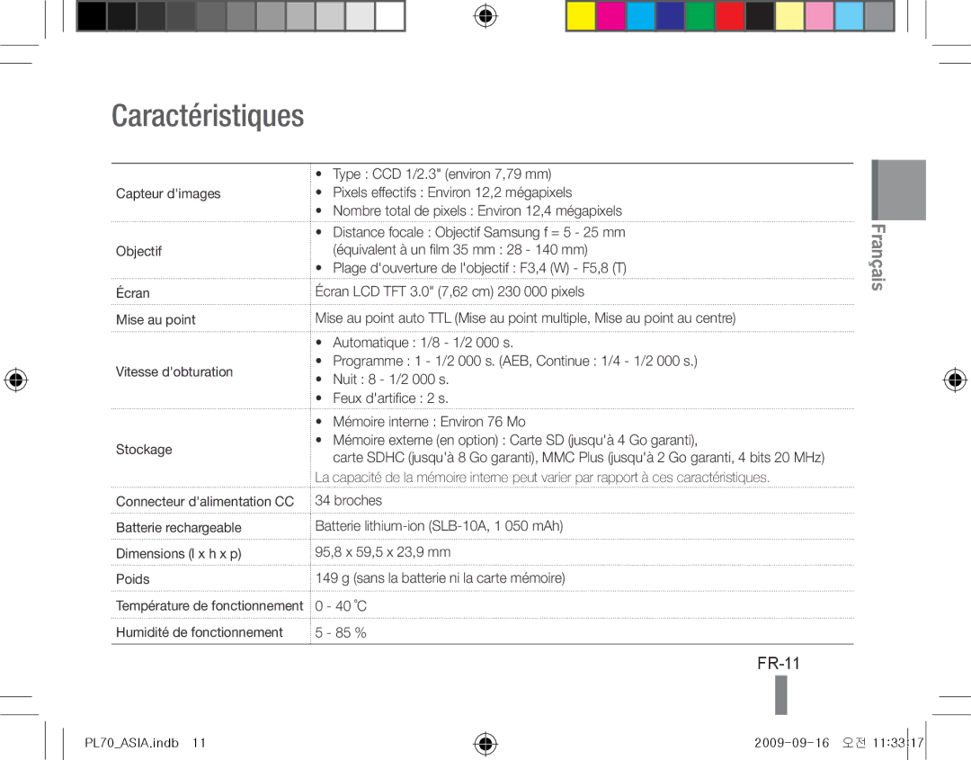 Samsung EC-PL70ZZBPSRU, EC-PL70ZZBPBFR, EC-PL70ZZBPBE1, EC-PL70ZZBPSFR, EC-PL70ZZBCPE1, EC-PL70ZZBPPE1 Caractéristiques, FR-11 