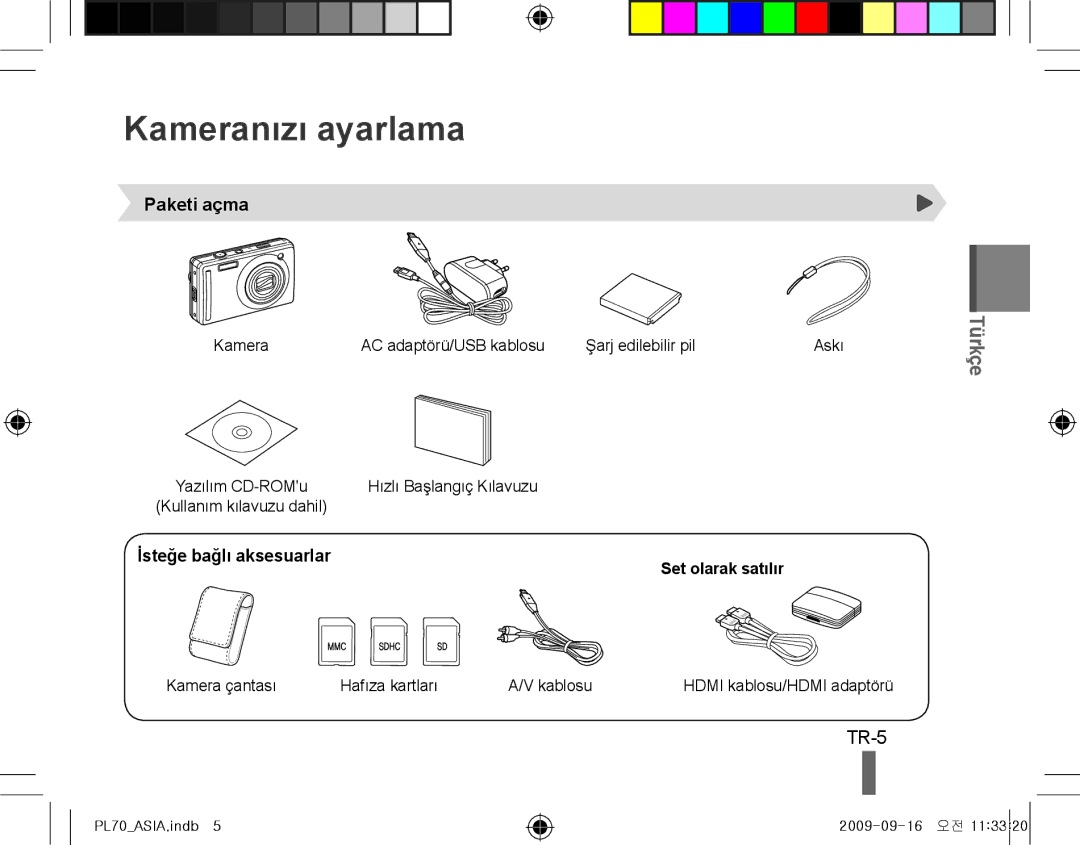 Samsung EC-PL70ZZBPSE3, EC-PL70ZZBPBFR, EC-PL70ZZBPBE1 Kameranızı ayarlama, TR-5, Paketi açma, İsteğe bağlı aksesuarlar 