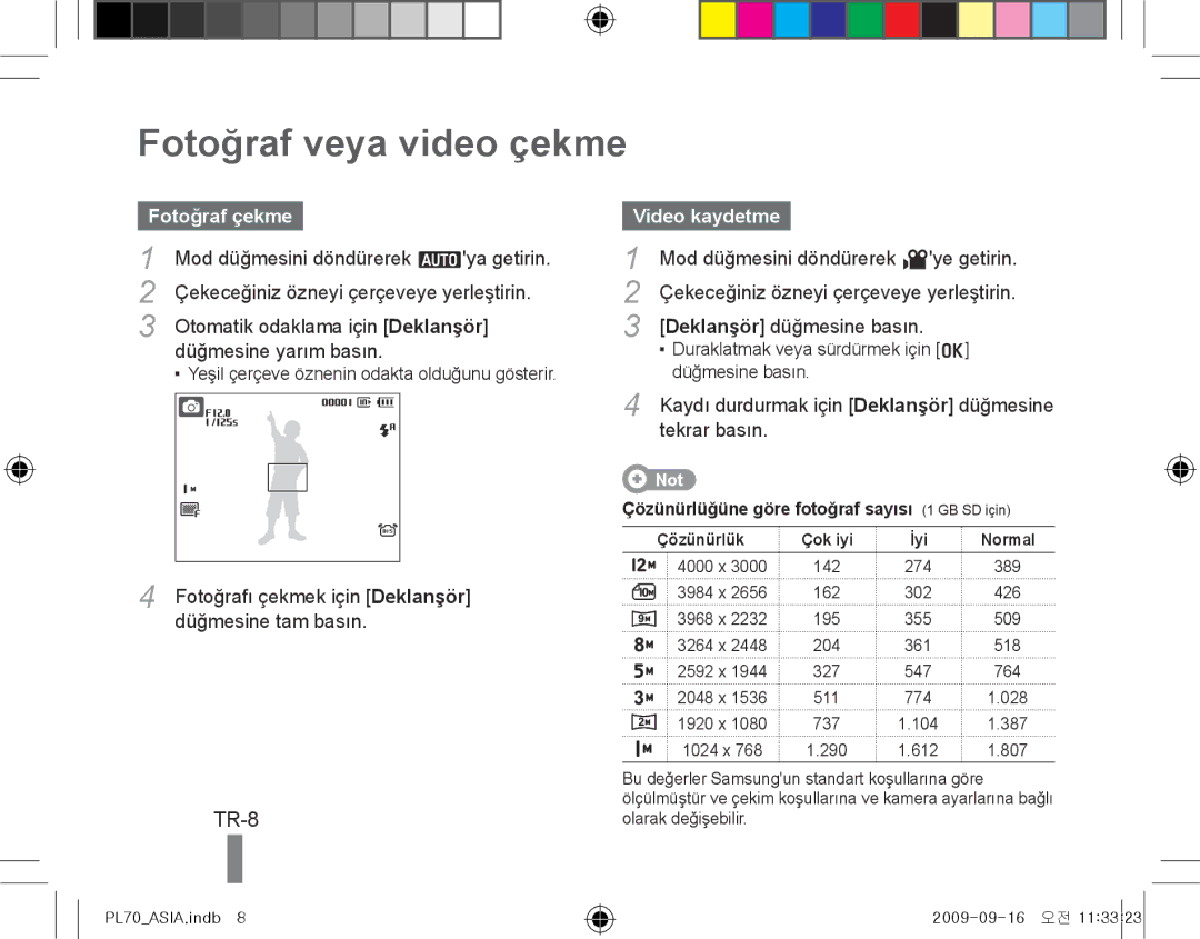 Samsung EC-PL70ZZBPBE2, EC-PL70ZZBPBFR, EC-PL70ZZBPBE1 manual Fotoğraf veya video çekme, TR-8, Fotoğraf çekme, Video kaydetme 