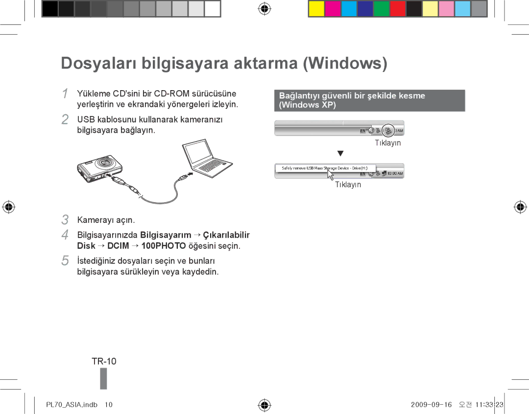 Samsung EC-PL70ZZBPPE2 manual Dosyaları bilgisayara aktarma Windows, TR-10, Bağlantıyı güvenli bir şekilde kesme Windows XP 