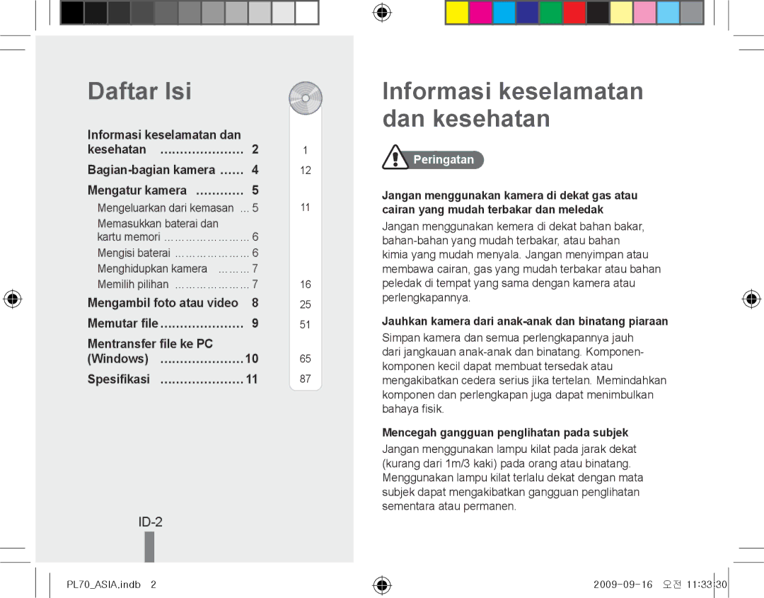 Samsung EC-PL70ZZBPBIT, EC-PL70ZZBPBFR manual Daftar Isi, Informasi keselamatan dan kesehatan, ID-2, Mentransfer file ke PC 