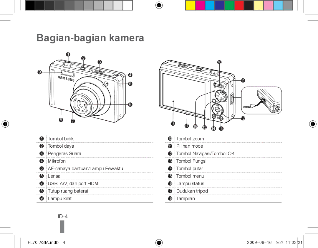 Samsung EC-PL70ZZDPSME, EC-PL70ZZBPBFR, EC-PL70ZZBPBE1, EC-PL70ZZBPSFR, EC-PL70ZZBCPE1 manual Bagian-bagian kamera, ID-4 