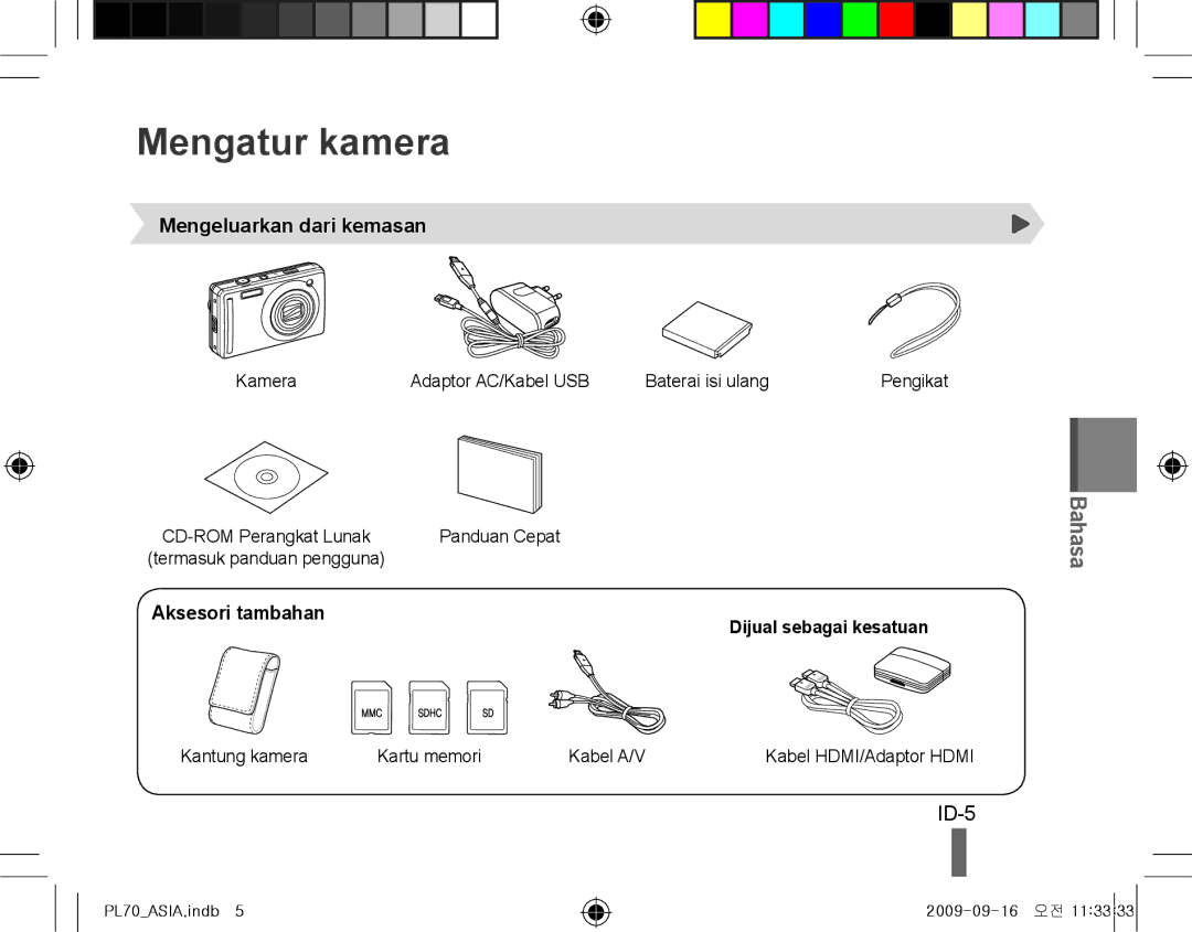 Samsung EC-PL70ZZDPBME, EC-PL70ZZBPBFR, EC-PL70ZZBPBE1 Mengatur kamera, ID-5, Mengeluarkan dari kemasan, Aksesori tambahan 