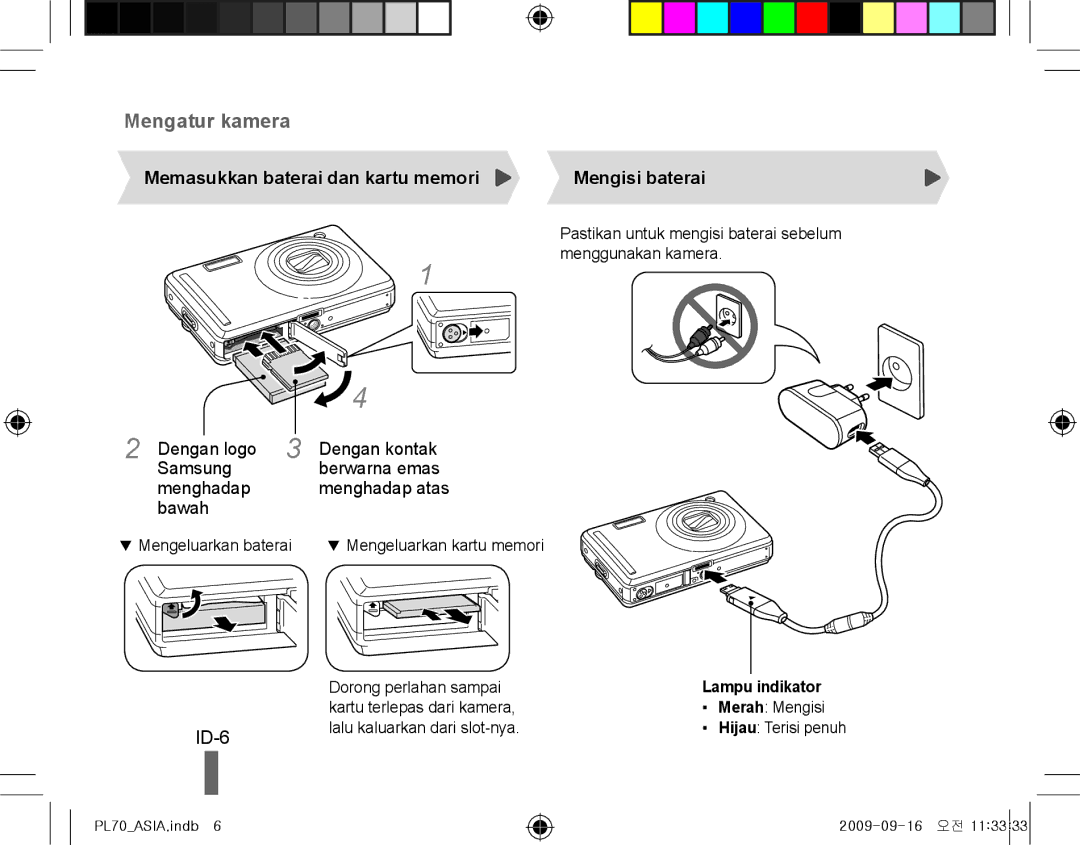 Samsung EC-PL70ZZBPSSA manual ID-6, Memasukkan baterai dan kartu memori Mengisi baterai, Lampu indikator Merah Mengisi 