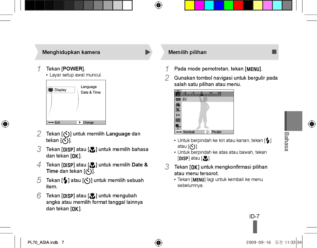 Samsung EC-PL70ZZBPSGB, EC-PL70ZZBPBFR, EC-PL70ZZBPBE1, EC-PL70ZZBPSFR manual ID-7, Menghidupkan kamera, Memilih pilihan 