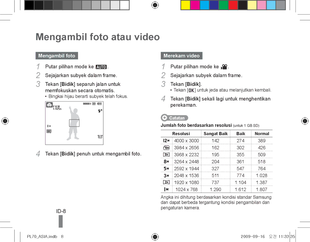 Samsung EC-PL70ZZBPPVN, EC-PL70ZZBPBFR, EC-PL70ZZBPBE1, EC-PL70ZZBPSFR manual Mengambil foto atau video, ID-8, Merekam video 