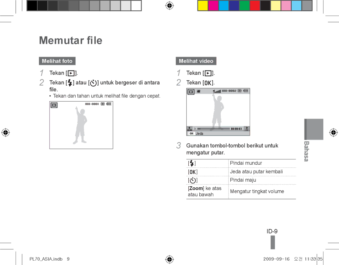 Samsung EC-PL70ZZBPBVN, EC-PL70ZZBPBFR, EC-PL70ZZBPBE1 manual Memutar file, ID-9, Melihat foto Melihat video, Mengatur putar 