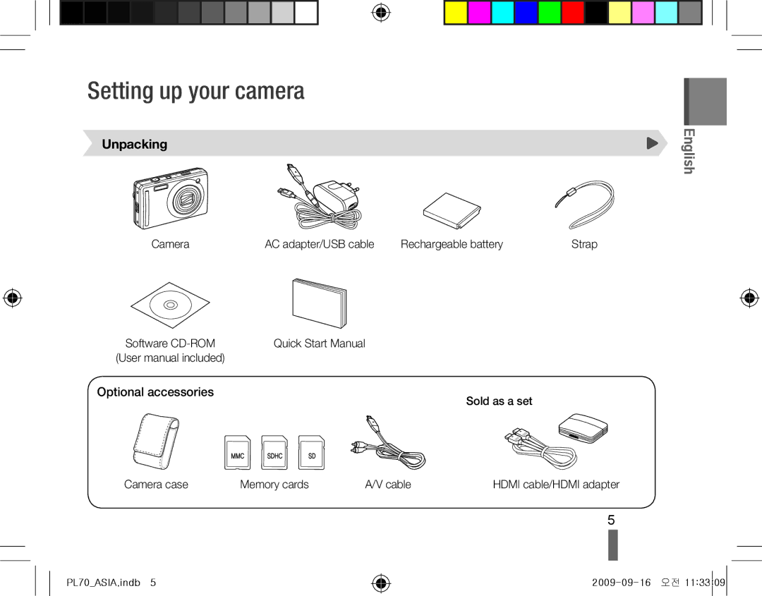 Samsung EC-PL70ZZBPPIT, EC-PL70ZZBPBFR, EC-PL70ZZBPBE1 manual Setting up your camera, Unpacking, Optional accessories 