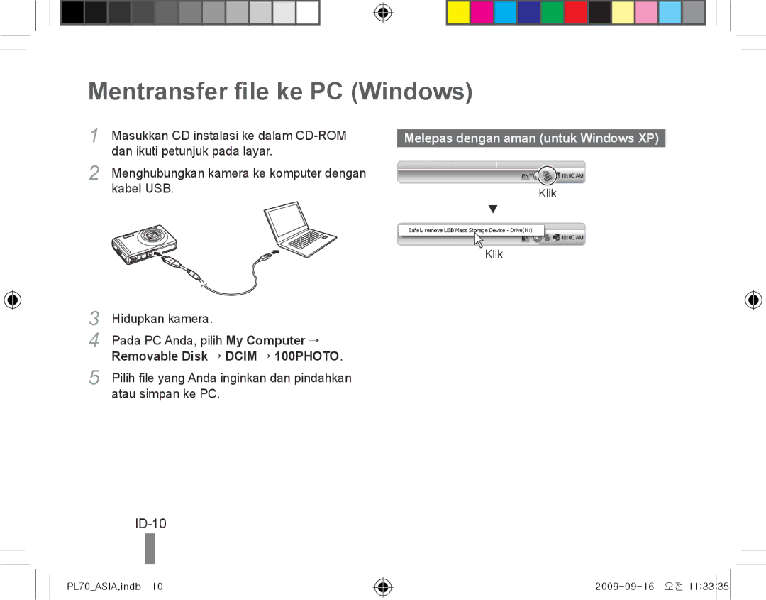 Samsung EC-PL70ZZBPRVN, EC-PL70ZZBPBFR manual Mentransfer file ke PC Windows, ID-10, Melepas dengan aman untuk Windows XP 