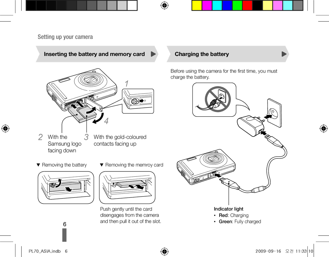 Samsung EC-PL70ZZBPRIT, EC-PL70ZZBPBFR Setting up your camera, Inserting the battery and memory card Charging the battery 