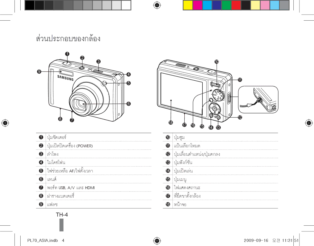 Samsung EC-PL70ZZBPPE2, EC-PL70ZZBPBFR, EC-PL70ZZBPBE1, EC-PL70ZZBPSFR, EC-PL70ZZBCPE1 manual ส่วนประกอบของกล้อง, TH-4 