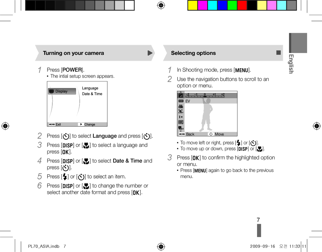 Samsung EC-PL70ZZBPSIT, EC-PL70ZZBPBFR, EC-PL70ZZBPBE1, EC-PL70ZZBPSFR manual Turning on your camera, Selecting options 