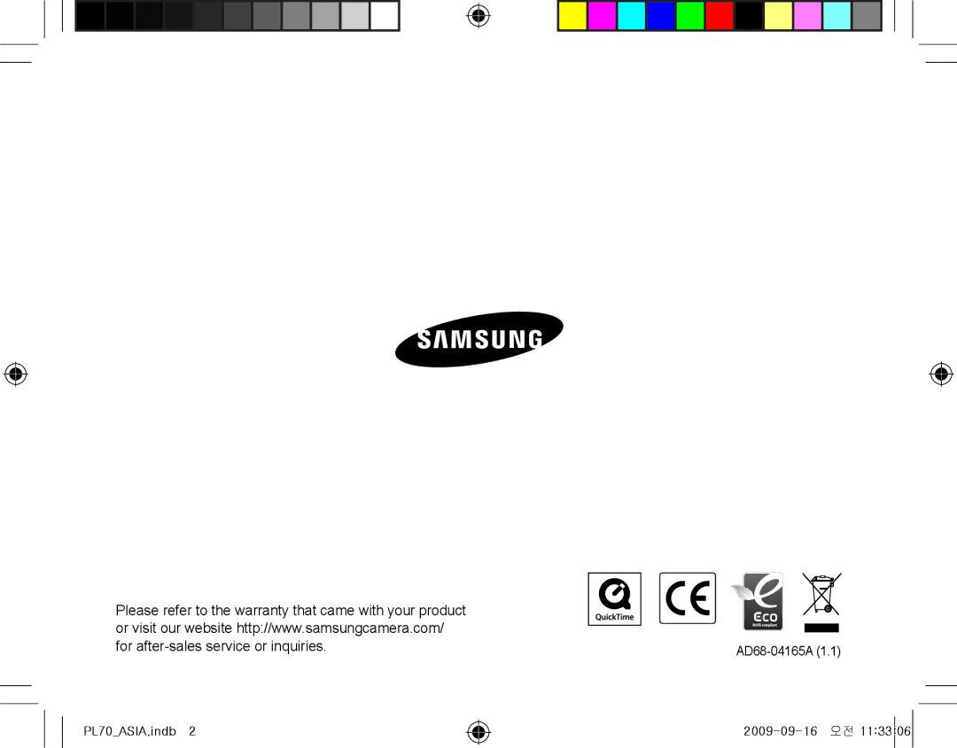 Samsung EC-PL70ZZBPRVN, EC-PL70ZZBPBFR, EC-PL70ZZBPBE1, EC-PL70ZZBPSFR manual PL70ASIA.indb AD68-04165A 2009-09-16 오전 