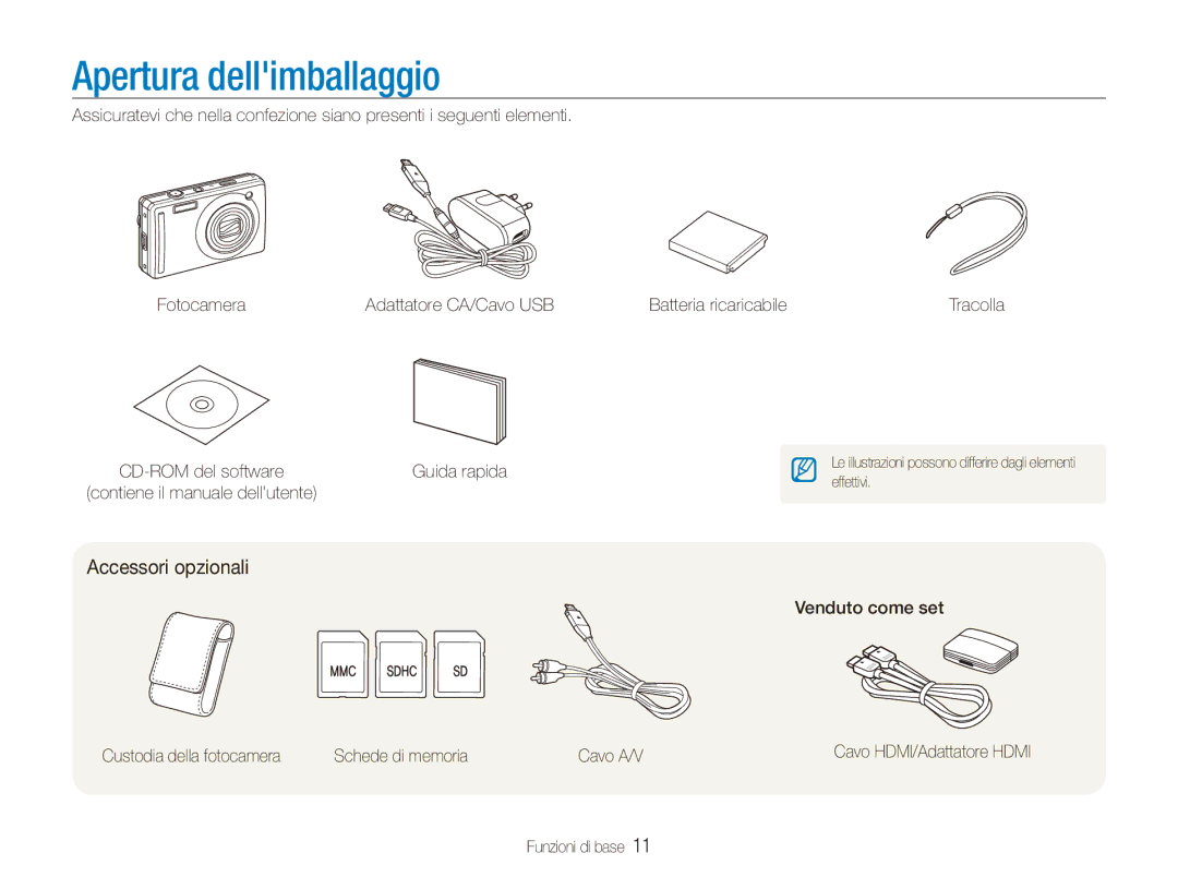 Samsung EC-PL70ZZBPSIT, EC-PL70ZZBPPIT, EC-PL70ZZBPRIT manual Apertura dellimballaggio, Accessori opzionali, Funzioni di base 