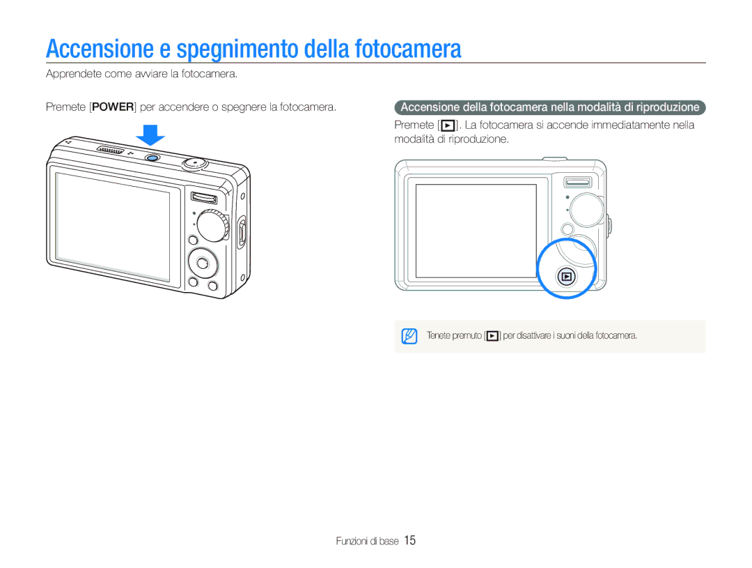 Samsung EC-PL70ZZBPRIT, EC-PL70ZZBPPIT, EC-PL70ZZBPSIT, EC-PL70ZZBPBIT manual Accensione e spegnimento della fotocamera 