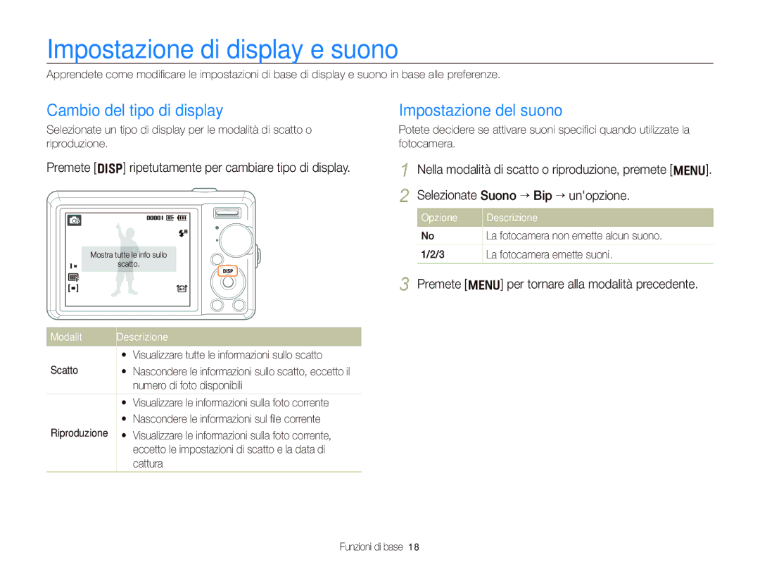 Samsung EC-PL70ZZBCPIT, EC-PL70ZZBPPIT Impostazione di display e suono, Cambio del tipo di display, Impostazione del suono 