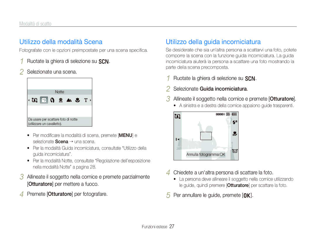 Samsung EC-PL70ZZBPBIT manual Utilizzo della modalità Scena, Utilizzo della guida incorniciatura, Modalità di scatto 