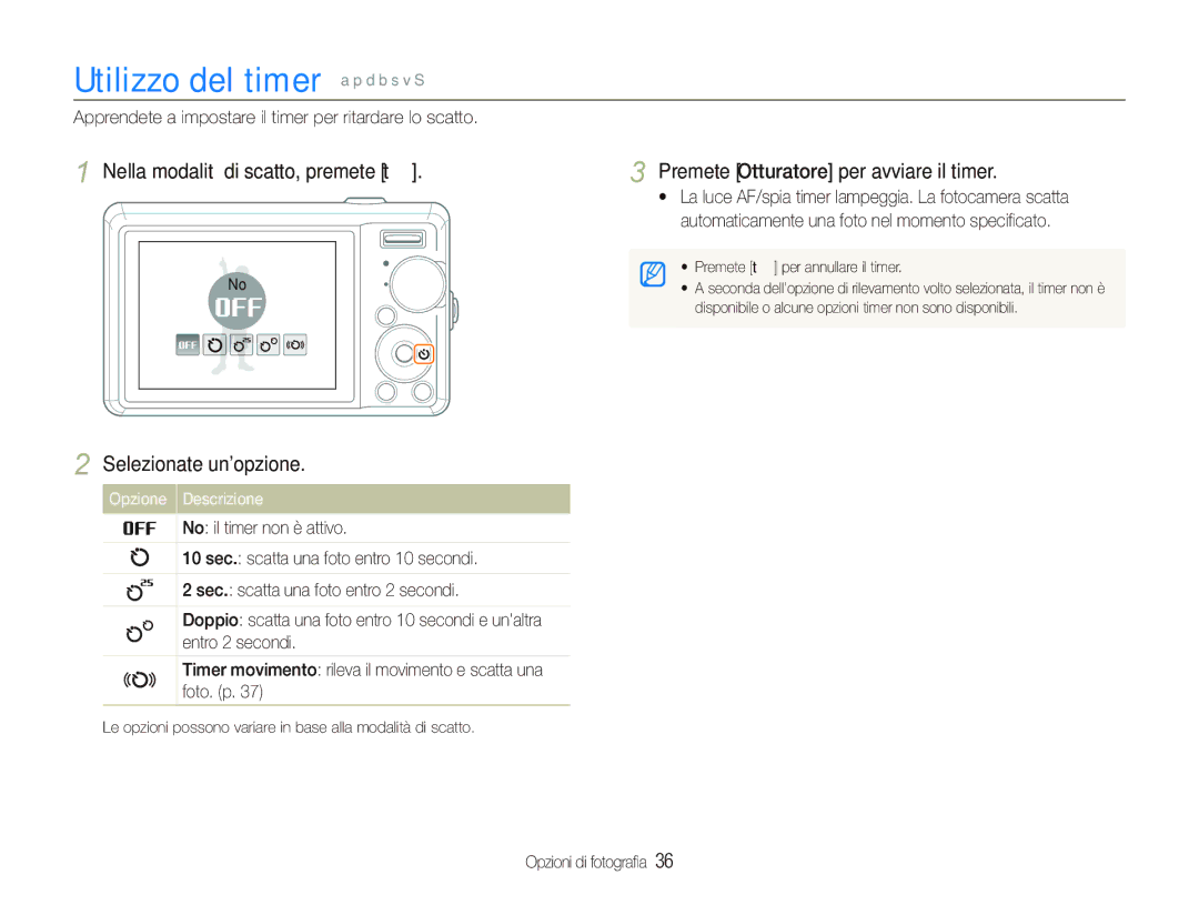 Samsung EC-PL70ZZBPSIT manual Utilizzo del timer a p d b s v S, Nella modalità di scatto, premete t Selezionate unopzione 