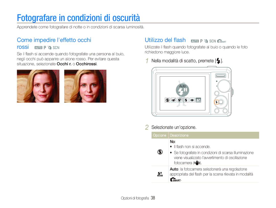 Samsung EC-PL70ZZBCPIT manual Fotografare in condizioni di oscurità, Utilizzo del ﬂash a p b s S,  Il ﬂash non si accende 