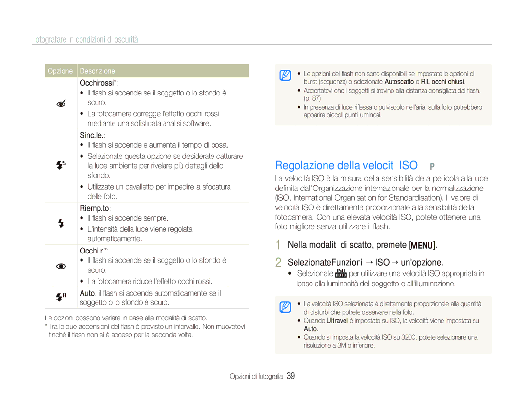 Samsung EC-PL70ZZBPPIT, EC-PL70ZZBPRIT manual Regolazione della velocità ISO p, Fotografare in condizioni di oscurità 