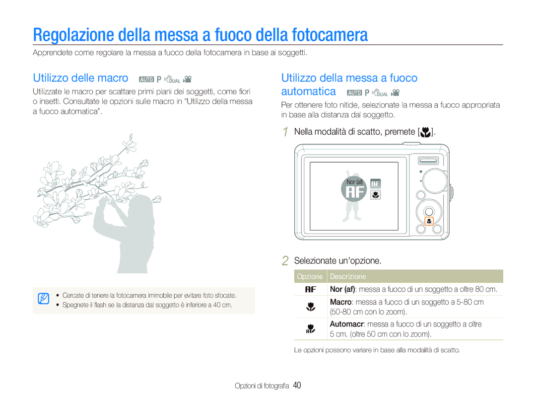 Samsung EC-PL70ZZBPRIT, EC-PL70ZZBPPIT manual Regolazione della messa a fuoco della fotocamera, Utilizzo delle macro a p d 