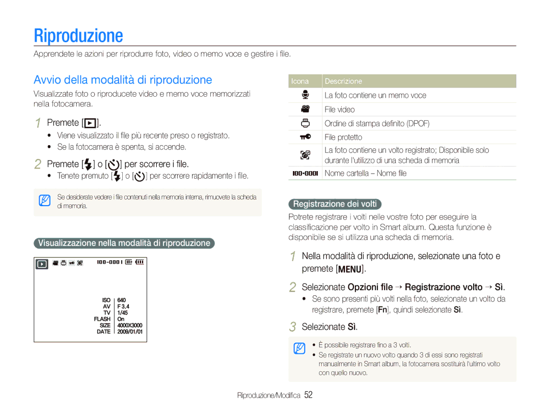 Samsung EC-PL70ZZBPBIT Riproduzione, Avvio della modalità di riproduzione, Premete P, Premete F o t per scorrere i ﬁle 