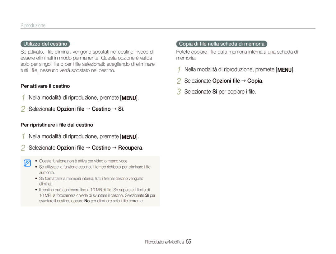 Samsung EC-PL70ZZBPRIT, EC-PL70ZZBPPIT Utilizzo del cestino, Copia di ﬁle nella scheda di memoria, Per attivare il cestino 