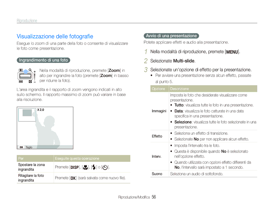 Samsung EC-PL70ZZBPSIT manual Visualizzazione delle fotograﬁe, Ingrandimento di una foto, Avvio di una presentazione 