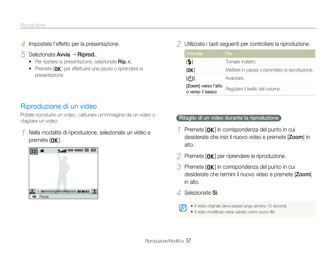 Samsung EC-PL70ZZBPBIT Riproduzione di un video, Utilizzate i tasti seguenti per controllare la riproduzione, Premete Per 