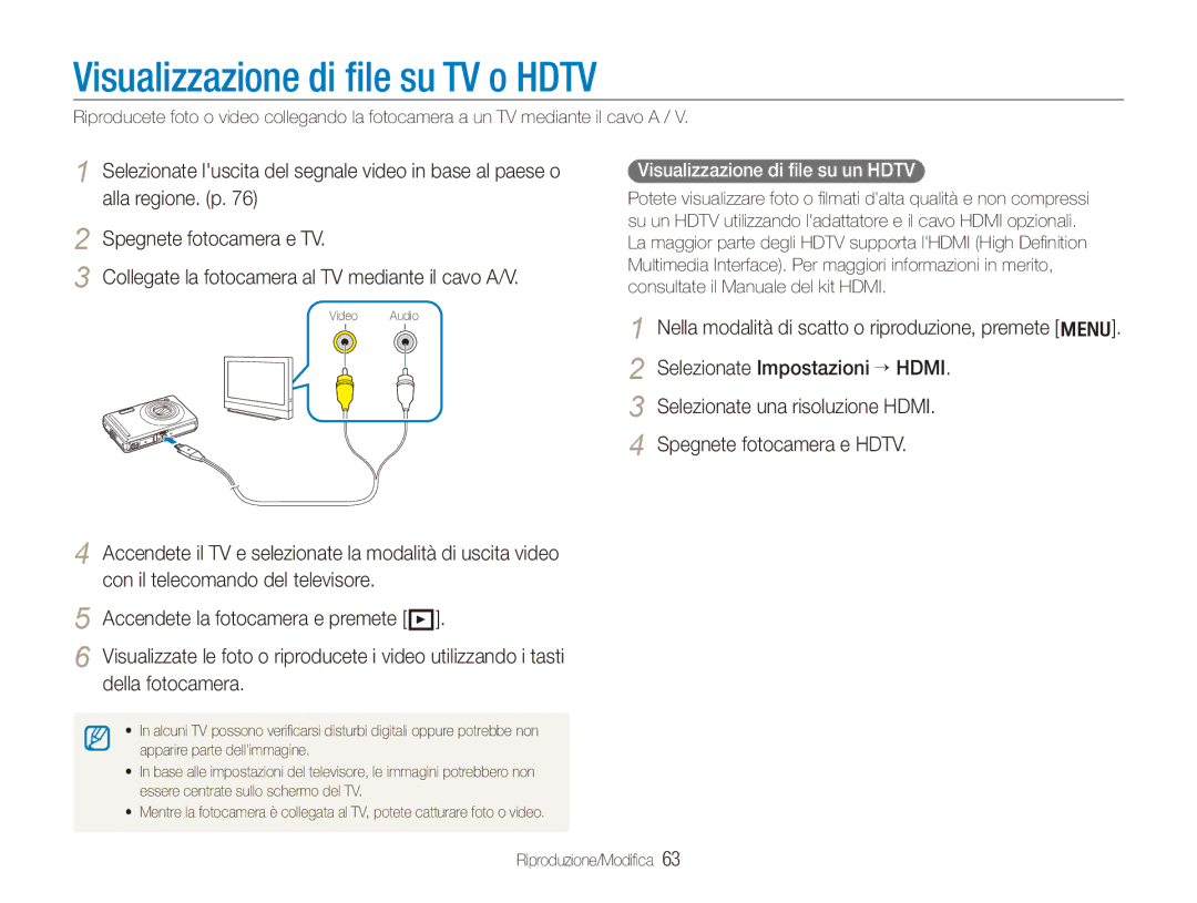 Samsung EC-PL70ZZBCPIT Visualizzazione di file su TV o Hdtv, Visualizzazione di file su un Hdtv, Riproduzione/Modifica 