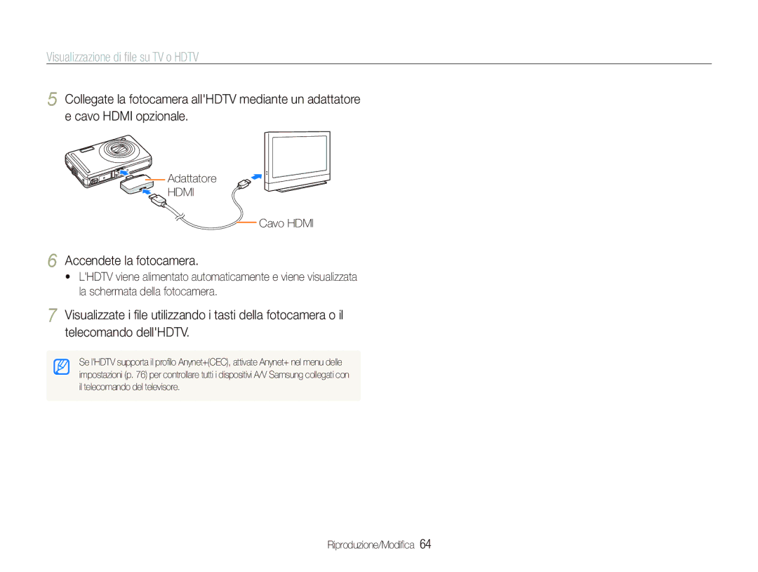 Samsung EC-PL70ZZBPPIT, EC-PL70ZZBPRIT Visualizzazione di ﬁle su TV o Hdtv, Accendete la fotocamera, Adattatore, Cavo Hdmi 