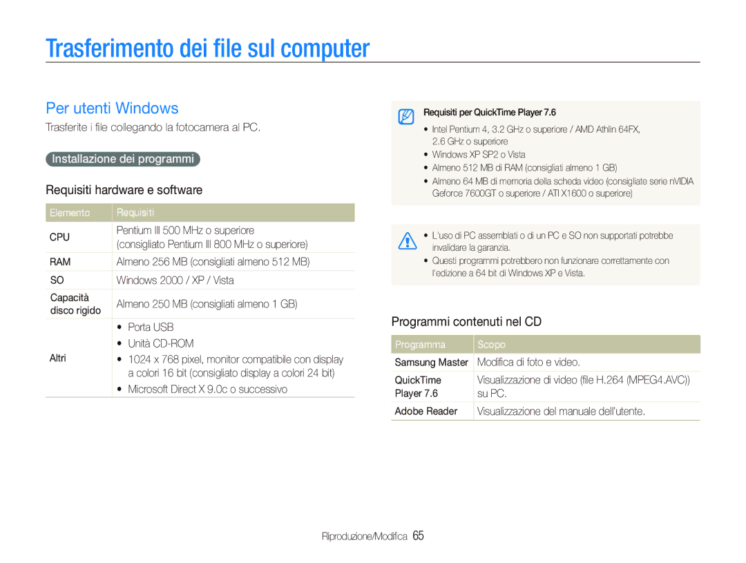 Samsung EC-PL70ZZBPRIT manual Trasferimento dei ﬁle sul computer, Per utenti Windows, Requisiti hardware e software 