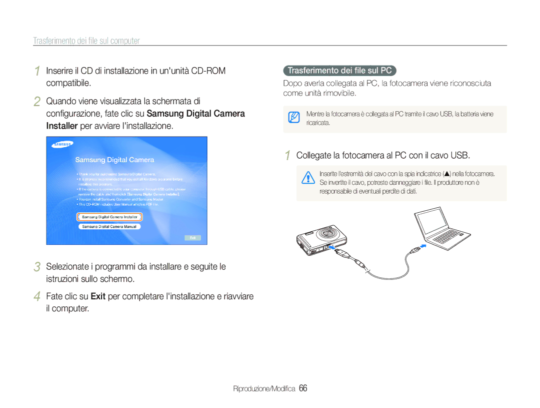 Samsung EC-PL70ZZBPSIT, EC-PL70ZZBPPIT Trasferimento dei ﬁle sul computer, Collegate la fotocamera al PC con il cavo USB 