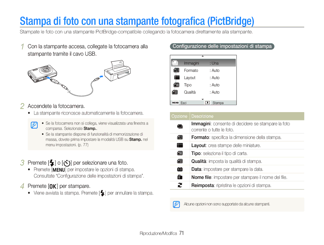 Samsung EC-PL70ZZBPSIT Stampa di foto con una stampante fotograﬁca PictBridge, Premete F o t per selezionare una foto 