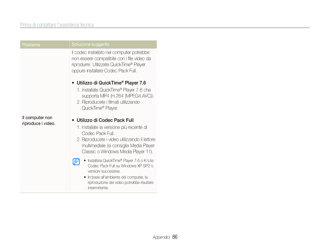 Samsung EC-PL70ZZBPSIT, EC-PL70ZZBPPIT, EC-PL70ZZBPRIT, EC-PL70ZZBPBIT manual Problema,  Utilizzo di QuickTime Player 