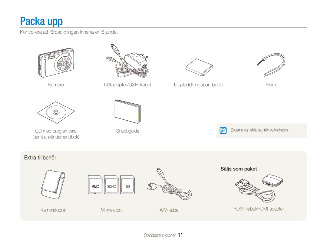 Samsung EC-PL70ZZBPRE2 manual Packa upp, Extra tillbehör, Säljs som paket Kamerafodral Minneskort Kabel, Standardfunktioner 