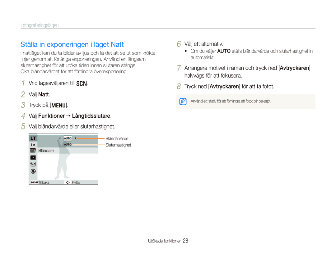 Samsung EC-PL70ZZBPBE2, EC-PL70ZZBPRE2, EC-PL70ZZBPSE2 manual Ställa in exponeringen i läget Natt, Välj ett alternativ 