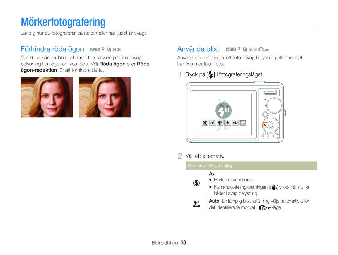 Samsung EC-PL70ZZBPPE2, EC-PL70ZZBPRE2 manual Mörkerfotografering, Förhindra röda ögon a p b s, Använda blixt a p b s S 