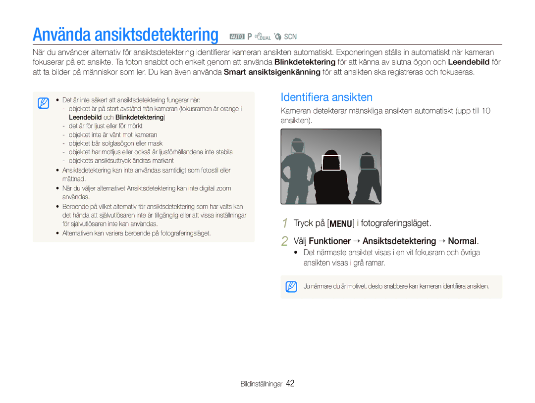 Samsung EC-PL70ZZBPPE2, EC-PL70ZZBPRE2, EC-PL70ZZBPBE2 manual Använda ansiktsdetektering a p d b s, Identiﬁera ansikten 