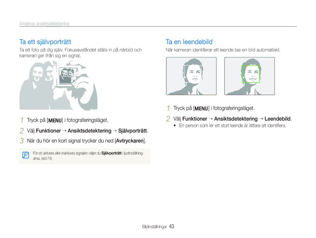 Samsung EC-PL70ZZBPRE2, EC-PL70ZZBPBE2, EC-PL70ZZBPSE2 Ta ett självporträtt, Ta en leendebild, Använda ansiktsdetektering 