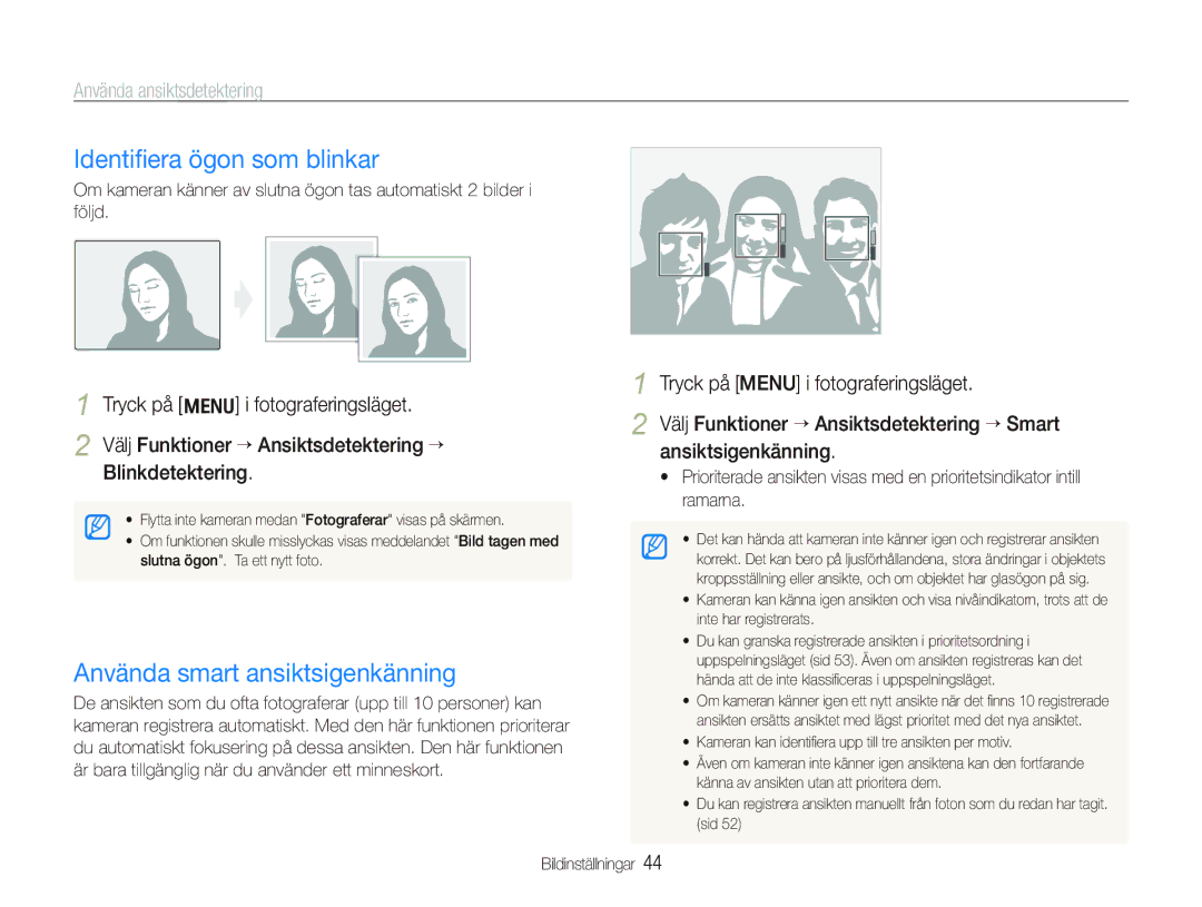 Samsung EC-PL70ZZBPBE2, EC-PL70ZZBPRE2, EC-PL70ZZBPSE2 manual Identiﬁera ögon som blinkar, Använda smart ansiktsigenkänning 