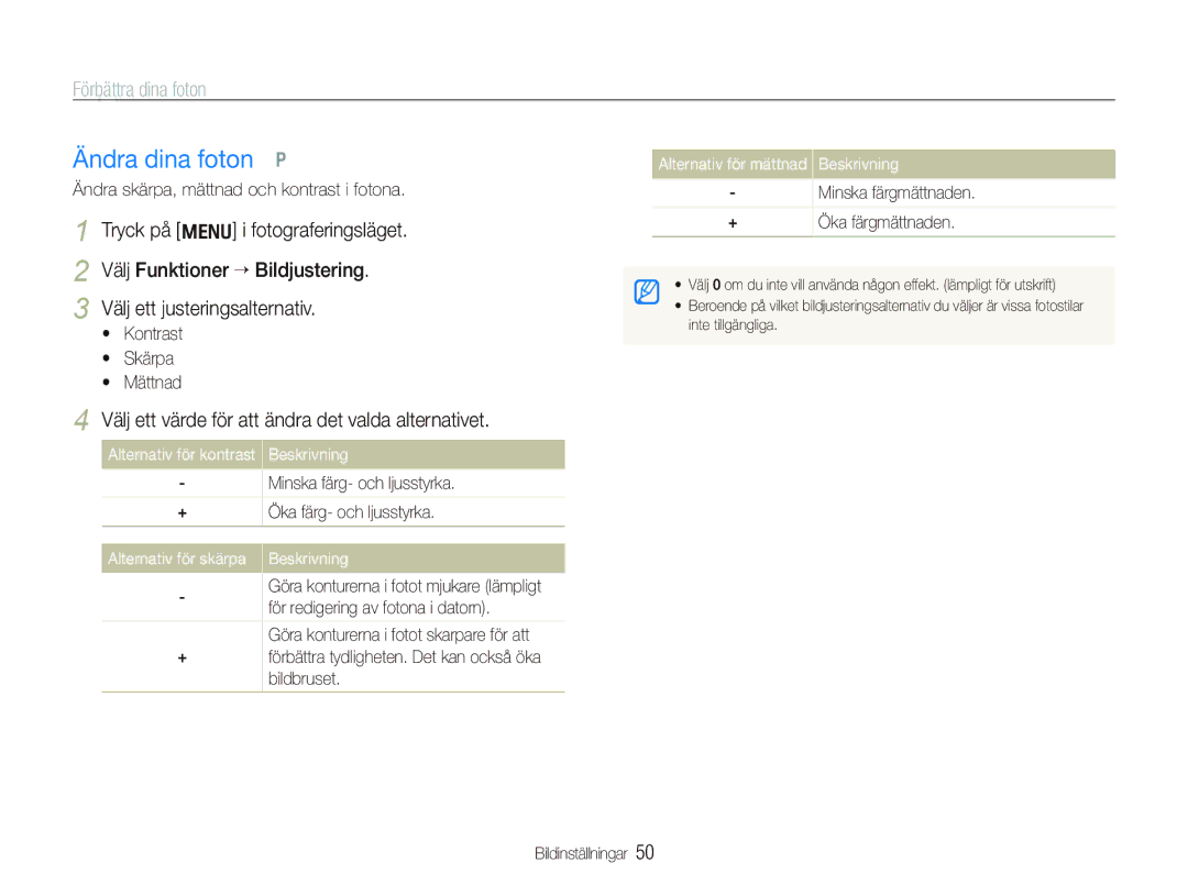 Samsung EC-PL70ZZBPPE2 manual Ändra dina foton p, Förbättra dina foton, Välj ett värde för att ändra det valda alternativet 