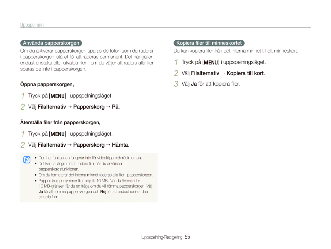 Samsung EC-PL70ZZBPRE2 manual Använda papperskorgen, Kopiera ﬁler till minneskortet, Återställa ﬁler från papperskorgen 