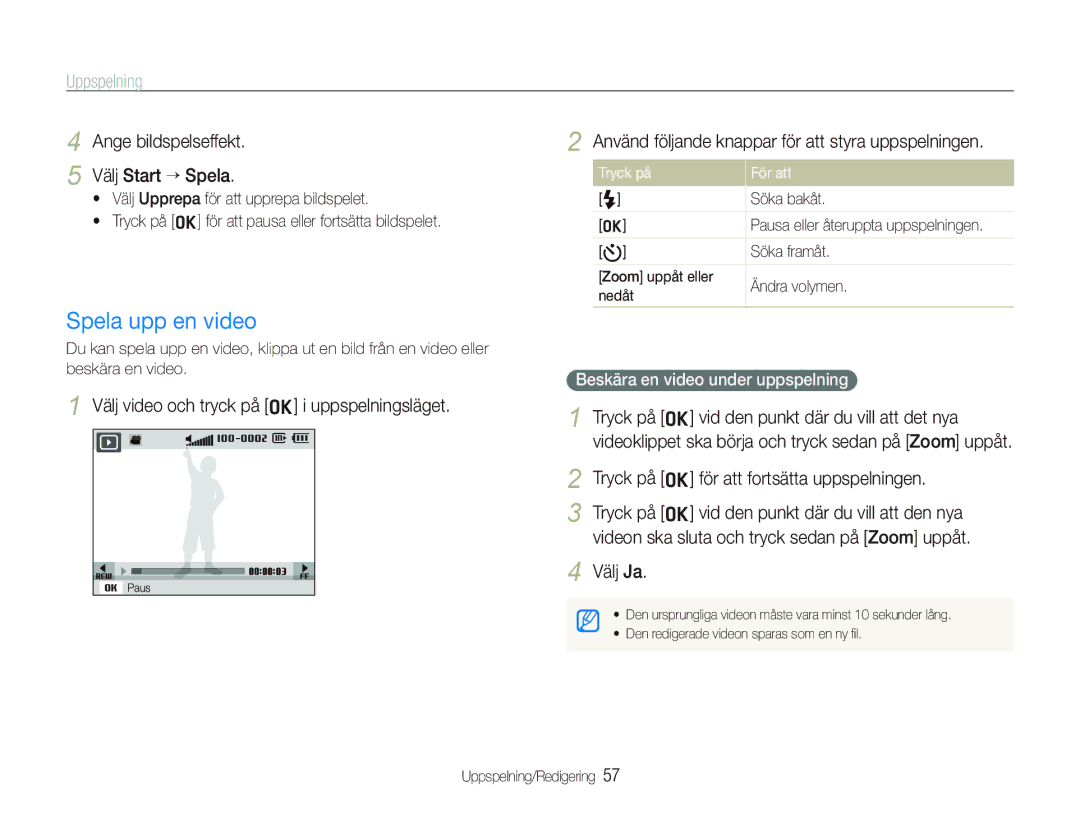 Samsung EC-PL70ZZBPSE2, EC-PL70ZZBPRE2, EC-PL70ZZBPBE2 manual Spela upp en video, Ange bildspelseffekt Välj Start ““Spela 